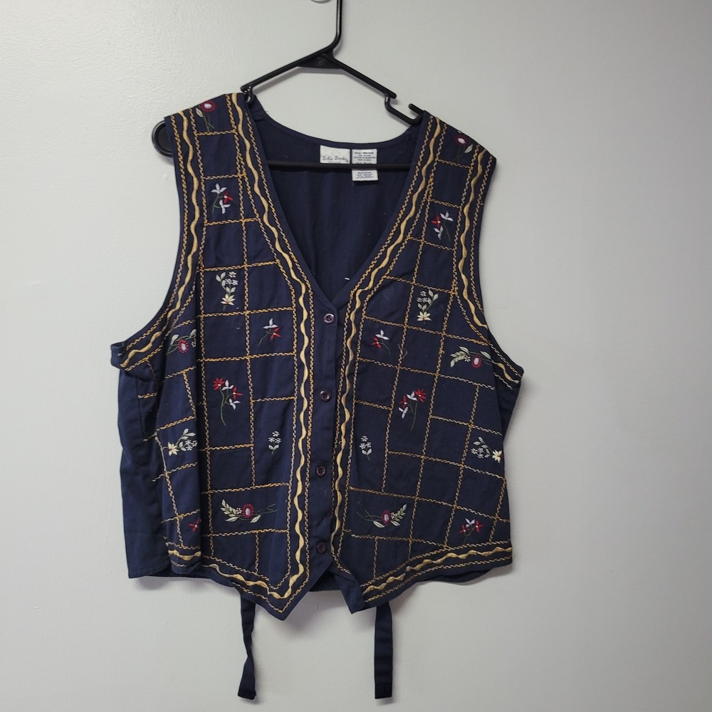 Bobbie Brooks Woman Navy Blue Embroidered Floral Cotton‎ Vest Plus 18W 20W VTG